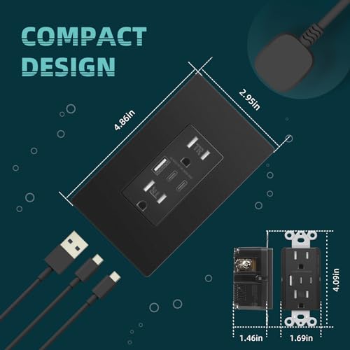 TOPELER 6.0A USB C Wall Outlet, 15A TR Receptacle with USB-C/A Ports, Balck - color: Black, size: 15A