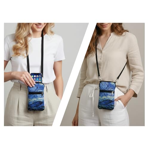 Tainada Neoprene Crossbody Zipper Neck Cellphone Case Pouch (Starry Night) | For Van Gogh lovers; Small dual zip wallet purse bag; Water-resistant, shockproof, lightweight; Adjustable & detachable strap - color: Starry Night