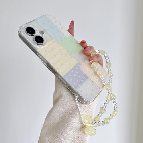 for iPhone 16 Case, Pastel Patchwork Phone Cover with Crystal Heart Beaded Strap & Bow Charm, Cute Kawaii Clear Protective Case for Women Girls(Lanyard+Phone case, iphone16) - size: iphone16