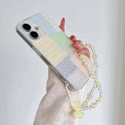 for iPhone 16 Case, Pastel Patchwork Phone Cover with Crystal Heart Beaded Strap & Bow Charm, Cute Kawaii Clear Protective Case for Women Girls(Lanyard+Phone case, iphone16) - size: iphone16