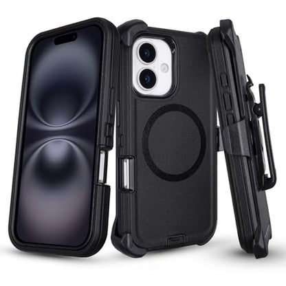 Phone Case for iPhone 16 Case with Belt Clip, Compatible with MagSafe | Defender for iPhone 16 Case with Kickstand, 3-Layer Heavy Duty Military Grade Drop Protection Cover for iPhone 16, Black - color: Black