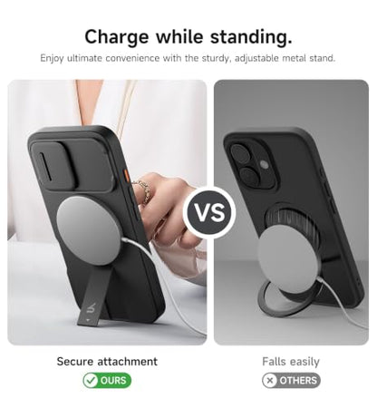 SURITCH for iPhone 16 Case with Magnetic Camera Slide Cover and Adjustable Kickstand, Compatible with MagSafe, Shockproof Bumper Case Slim Protective Cover 6.1 Inch, Black - color: Black, size: IPhone 16-6.1"