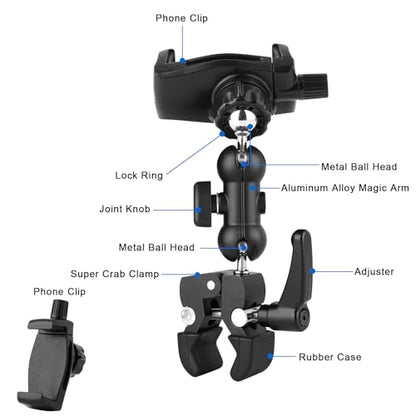Mippko Phone Holder Clamp Mount for Treadmill/Spin Bike/Baby Stroller/Golf Cart/Music Stand/Microphone Stand/Handlebar,Compatible with 3.5~7.5" iPhone/Smartphone,360°Adjustable Aluminum Alloy Mount - style: Phone Holder