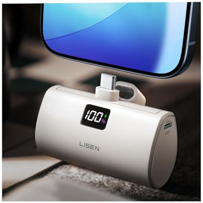 LISEN 6800mAh Capsule Portable Charger, Mini USB-C Power Bank for iPhone 18 Pro/17/16/15, Small USB C Battery Pack with LED Display, [USB-C Only, Flight-Safe] 22.5W Fast Charging, iPhone18 Accessories - color: Pearl White