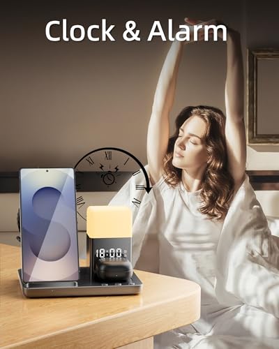 Wireless Charger Samsung Charging Station, with Alarm Clock and Night Light for Samsung S25 S24 S23 S22 Galaxy Watch 8-4 Series, Adapter Included, Black