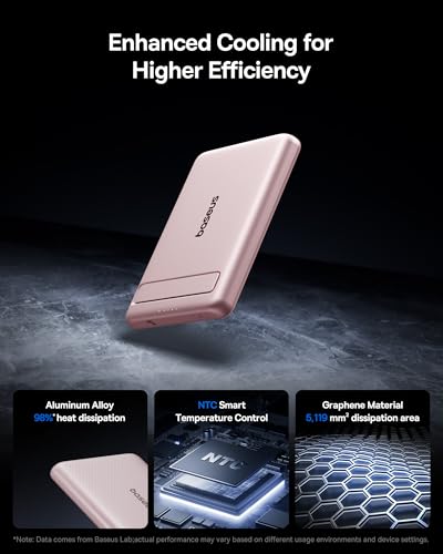 Baseus Picogo Power Bank, Smallest Qi2 Certified 15W MagSafe Portable Charger, 0.5" Ultra Slim 5000mAh Magnetic Battery Pack with Stand, Alloy Wireless Charger for iPhone 17 Pro Max/17 Air/16 Series - color: Nebula Pink