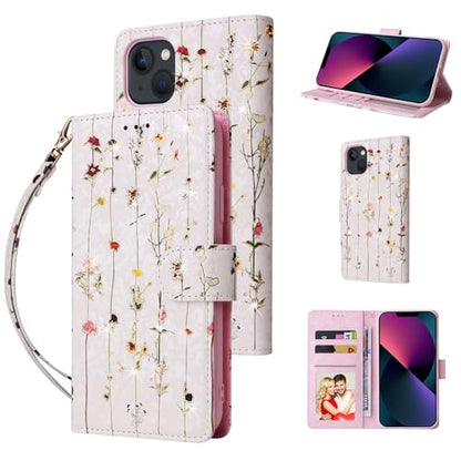UEEBAI Wallet Case for iPhone 13, PU Leather Phone Cover Kickstand RFID Blocking Flip Case Card Slots Wrist Strap Relief Engraved Pattern Magnetic Closure Flower Folio Wallet, Vine - color: Vine, size: iPhone 13
