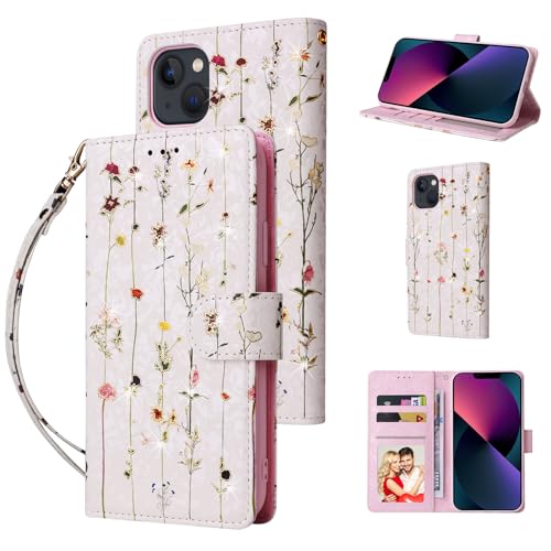 UEEBAI Wallet Case for iPhone 13, PU Leather Phone Cover Kickstand RFID Blocking Flip Case Card Slots Wrist Strap Relief Engraved Pattern Magnetic Closure Flower Folio Wallet, Vine - color: Vine, size: iPhone 13