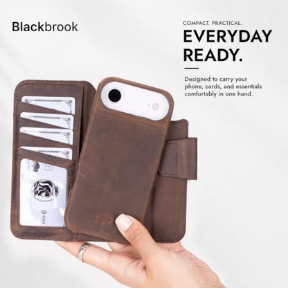 BLACKBROOK Detachable Leather Wallet Case Compatible with iPhone Air | Full-grain detachable folio with RFID blocking, 3 card slots, ID window, built-in kickstand, wireless charging, handcrafted. - color: Distressed Coffee, size: iPhone 17 Air