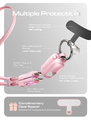 LISEN Phone Lanyard, 60W USB C Cable Phone Wrist Strap, Anti Theft Phone Strap, Phone Charm with 2 Pack Tether Tab, Wrist Lanyard for Women and Men, Teacher, Pink - color: Pink, size: 9.1in Wrist Strap