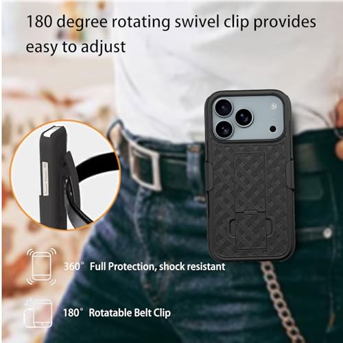 for iPhone 17 Pro Belt Clip Holster Case, Screen Protector-Black | Camera Lens Protector, Swivel Stand Holder, Slim Shell Shell Pouch Full Body Protective, Rugged Drop Defense Cell Phone Cover - size: iPhone 17 Pro