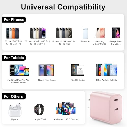 iPhone 18 17 16 15 Charger Fast Charging, 20W Dual Port USB C Charger Block - color: Pink