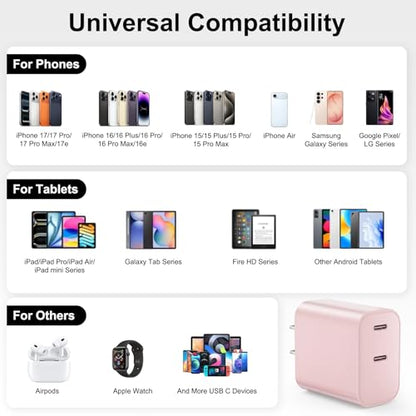 iPhone 18 17 16 15 Charger Fast Charging, 20W Dual Port USB C Charger Block - color: Pink