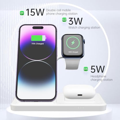 Foldable 3 in 1 Fast Charging Station for Apple Products, iPhone 17 16 15 14 13 12 Pro Max, Travel Dock Adapter & Light for i-Watch Series 11 10 9 Ultra 3/2 SE 3/2,for AirPods 4 3 2 Pro 3/2 (White) - color: WHITE