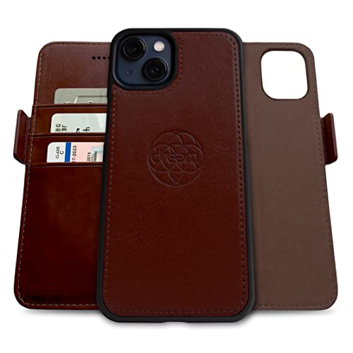 Dreem Vegan Leather Magnetic Detachable Wallet Case for iPhone 13 Coffee | Built-in Phone Stand, RFID Blocking Card Holder Flip Cover, MagSafe Compatible, Gift Box [Fibonacci: Coffee] - color: Coffee, size: iPhone 13
