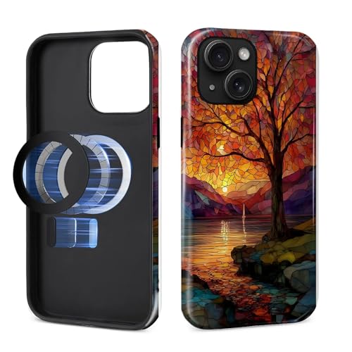 Magnetic Phone Case for iPhone 15,Compatible with MagSafe,Durable 2 Layers Full Covered Shockproof Protective Cover-Stained Glass Sunrise Fall Leaves - color: Stained Glass Sunrise Fall Leaves, size: iPhone 15