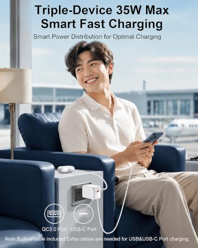 35w Retractable iPhone Wall Charger USB C, 3-in-1 Fast Charging Block - color: Retractable Wall Charger-Black