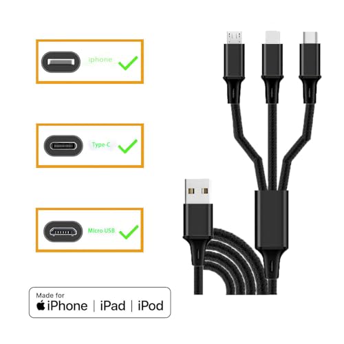 Multi Charging Cable, 3 in 1 USB Cable, Black - color: Black