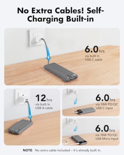 charmast Portable Charger Built-in Cables, 20000mAh Power Bank 6-Output - color: Lunar Grey