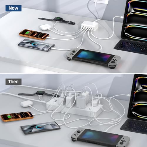 100W 6 in 1 USB Charger, 50% Smaller Charging Station for Multiple Devices - color: A-White