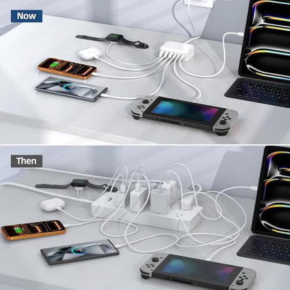 100W 6 in 1 USB Charger, 50% Smaller Charging Station for Multiple Devices - color: A-White