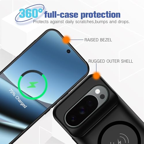 Battery Case for Pixel 9/10 Pro XL,Full Encircle 10000mAh High Capacity Rechargeable Portable Charger Case Extended Battery Pack with Pixel 9/10 Pro XL(6.8inch) Wireless Cover with Carplay-Black