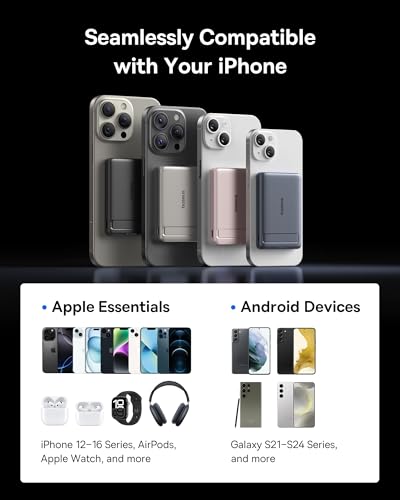 Baseus Picogo Power Bank, Smallest Qi2 Certified 15W MagSafe Portable Charger, 0.5" Ultra Slim 5000mAh Magnetic Battery Pack with Stand, Alloy Wireless Charger for iPhone 17 Pro Max/17 Air/16 Series - color: Natural Titanium