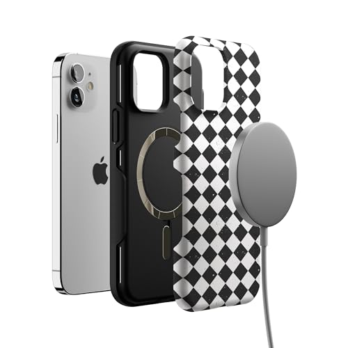 Casely iPhone 12 Mini Case | Harlequin Salem Diamond | Black and White | Bold Protective Design | MagSafe Compatible Design - color: Harlequin Salem Diamond | Black and White, size: Iphone 12 Mini