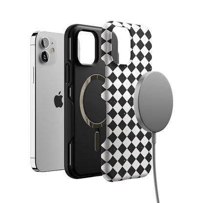 Casely iPhone 12 Mini Case | Harlequin Salem Diamond | Black and White | Bold Protective Design | MagSafe Compatible Design - color: Harlequin Salem Diamond | Black and White, size: Iphone 12 Mini