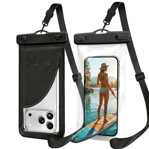2 Waterproof Adjustable Lanyard Phone Pouch for iPhone 17/16 ProMax | IPX8 rated, Cruise use, Beach use, Card storage, Clear dry bag - color: Black+Black