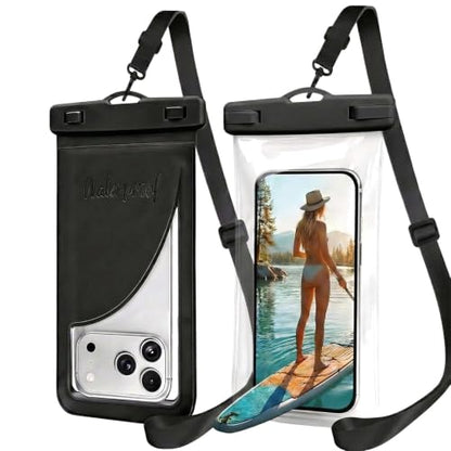 2 Waterproof Adjustable Lanyard Phone Pouch for iPhone 17/16 ProMax | IPX8 rated, Cruise use, Beach use, Card storage, Clear dry bag - color: Black+Black