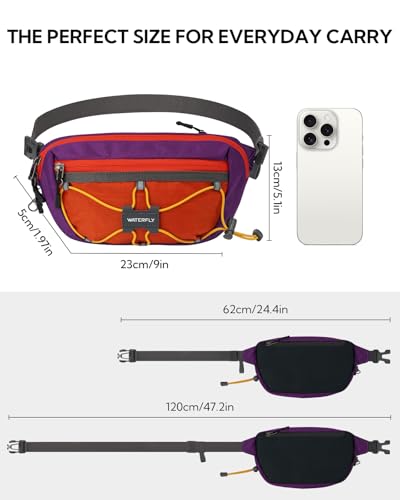 WATERFLY Small Fanny Pack RFID Blocking Travel Hiking Crossbody Waist Bag | Anti-theft design, Water resistant, Lockable zipper, Hidden rear pocket, Lightweight hip belt bag, EDC Running, Cycling, Gym - color: Purple-Red