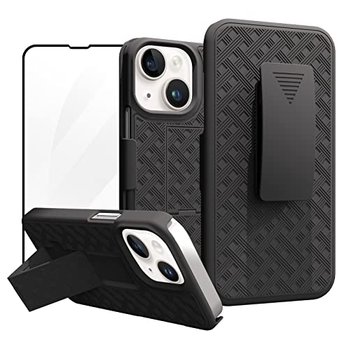 for iPhone 14/13 Belt Clip Holster Case, Screen Protector-Black | Swivel Kickstand Holder, Slim Shell Slide Pouch Full Body Protective, Rugged Heavy Duty Shockproof Outdoor Cell Phone Cover - size: iPhone 14