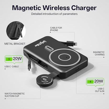 Magnetic Portable Charger Built-in Cables,10000mAh Fast Charging Wireless Charger Station External Battery Pack Slim Pocket Size Power Bank with Stand Compatible with iWatch, iPhone - color: Black