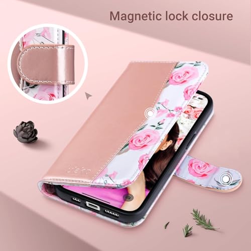 ULAK Compatible with iPhone 16 Pro Wallet Case, Rose Pink Floral | with Card Holder, [RFID Blocking] PU Leather Case with Kickstand Wrist Strap, Durable Shockproof Protective Cover 6.3 Inch - color: Rose Gold, size: iPhone 16 Pro - 6.3 inch