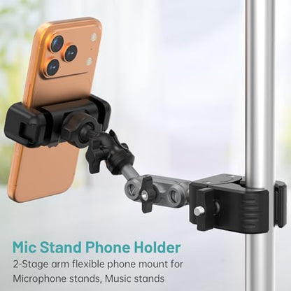 Mic Stand Phone Holder,2-Stage Magic Arm Super Clamp Phone Clip for Microphone Stand, Flexible Adjustable iPhone Music Stands Mount for iPhone17 16 15 14 13 12 11 Galaxy Nexus LG All Smartphones