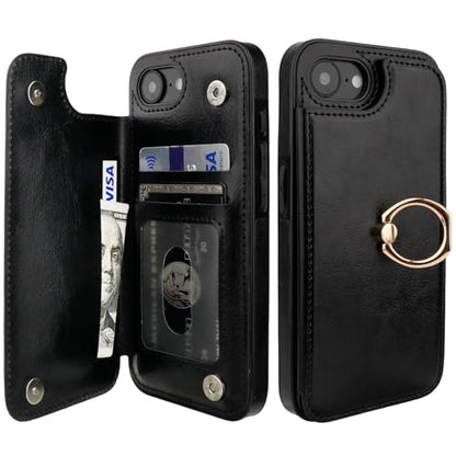 ONETOP for iPhone 17e/16e Wallet Case with Credit Card Holder,Black | 360° Rotation Ring Kickstand,Finger Grip,Double Magnetic Clasp,RFID Blocking PU Leather Shockproof Cover for Women Men - color: Black