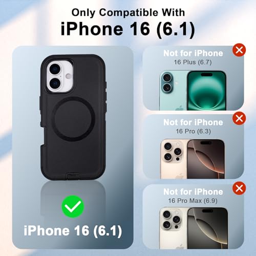 Phone Case for iPhone 16 Case with Belt Clip, Compatible with MagSafe | Defender for iPhone 16 Case with Kickstand, 3-Layer Heavy Duty Military Grade Drop Protection Cover for iPhone 16, Black - color: Black