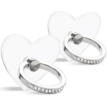 [2 Pack] Transparent Diamond Setting Cell Phone Ring Holder Stand,360 Degree Rotation and 180 Degree Adjustable Finger Ring Kickstand with Polished Electroplated Phone Grip (Love Heart)