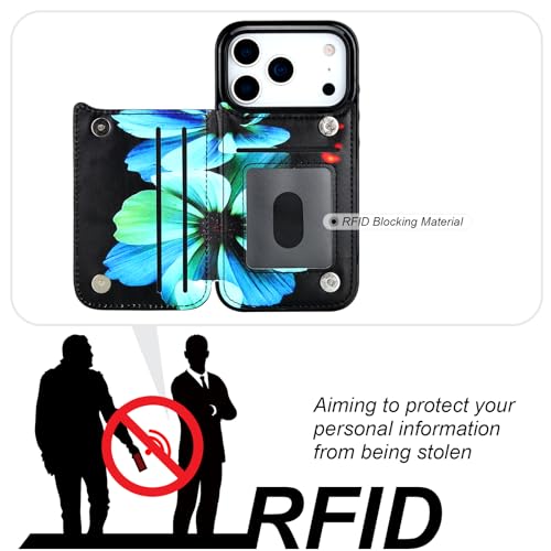 HAOPINSH Wallet Case with Card Holder for iPhone 17 Pro, Blue Florals Pattern Back Flip Folio PU Leather Kickstand Card Slots Case, Double Magnetic Clasp Shockproof Cover 6.3" - color: Blue Florals
