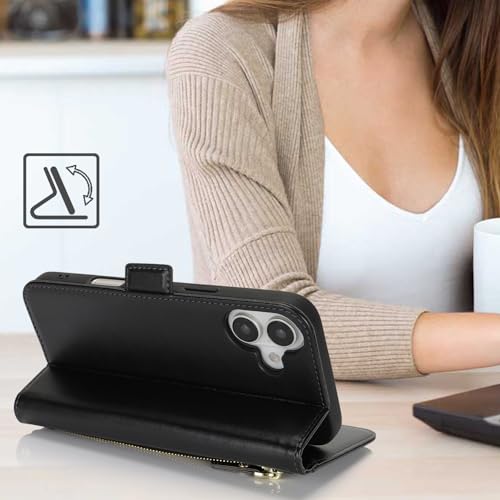 Ｈａｖａｙａ for iPhone 16 case Wallet with Card Holder Zipper for Women Men PU Leather Flip Folio Credit Card Slots Stand Shockproof Phone Cover(6.1")-Black - color: Black-A