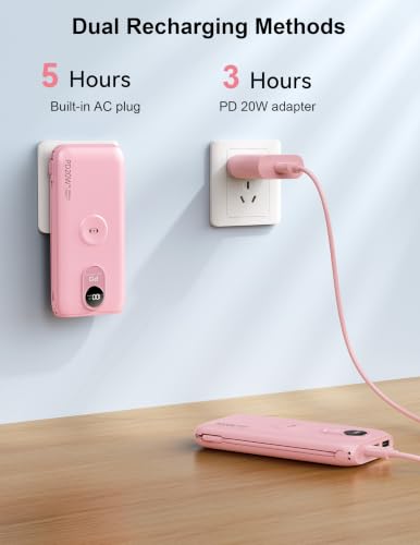 Portable Charger 10000mAh 20W, Wall Plug, 2 Cables, iWatch Charging - color: Bloom Pink