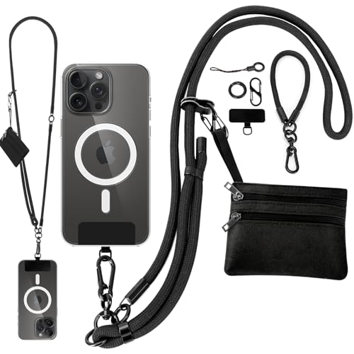 Newlibery Phone Lanyard Crossbody Wrist Strap, Clip and Go Strap for Phone with Wallet, Adjustable Anti-Theft Cell Phone Strap for All Phones (Black Lanyard + Black Wallet) - color: Black