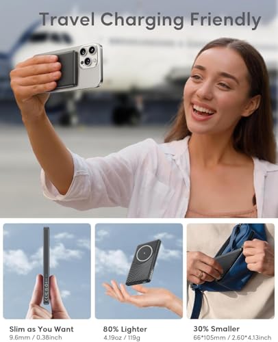 PowerBank Fast Charging 5000mah | 0.38in Ultra Slim 119g, Strong Magnetic Snap, 20W USB C Charging & 15W Wireless MagSafe, Travel & Daily Use for iPhone 12-17