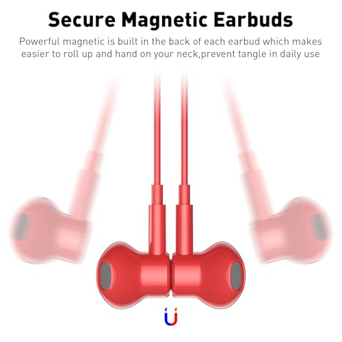 USB C Headphones Magnetic Wired Earbuds with Mic for Apple/Samsung Android - color: Red