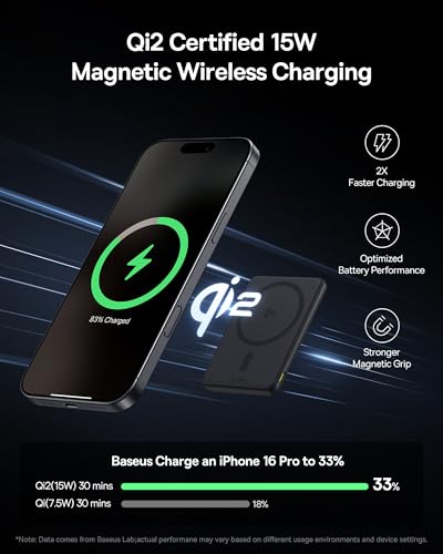 Baseus Picogo Power Bank, Smallest Qi2 Certified 15W MagSafe Portable Charger, 0.5" Ultra Slim 5000mAh Magnetic Battery Pack with Stand, Alloy Wireless Charger for iPhone 17 Pro Max/17 Air/16 Series - color: Black