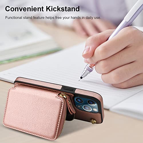 Bocasal Multi-Slot Crossbody Wallet Case for iPhone 12 Pro Max, Rose Gold | RFID Blocking PU Leather Purse Case with Card Holder, Handbag Flip Cover with Zipper Wrist Strap Lanyard for Women 6.7 Inch - color: Rose Gold