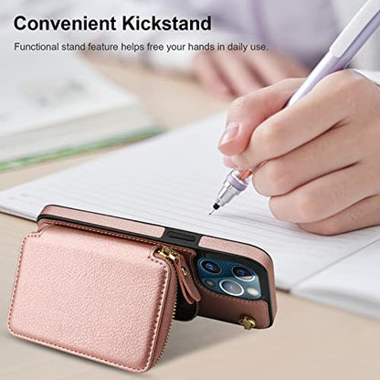 Bocasal Multi-Slot Crossbody Wallet Case for iPhone 12 Pro Max, Rose Gold | RFID Blocking PU Leather Purse Case with Card Holder, Handbag Flip Cover with Zipper Wrist Strap Lanyard for Women 6.7 Inch - color: Rose Gold