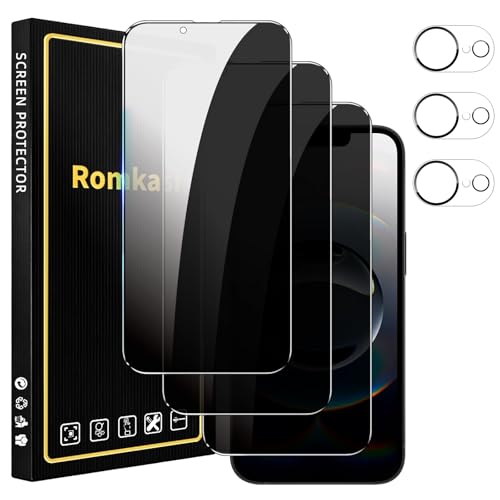 Romkasi 3 Pack Privacy Screen Protector for iPhone 17e 6.3 Inch with 3 Pack Camera Lens Protector, Anti Spy Tempered Glass Film, Anti-Scratch, Touch Sensitive, Case Friendly - color: iPhone 17e