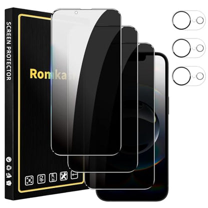 Romkasi 3 Pack Privacy Screen Protector for iPhone 17e 6.3 Inch with 3 Pack Camera Lens Protector, Anti Spy Tempered Glass Film, Anti-Scratch, Touch Sensitive, Case Friendly - color: iPhone 17e